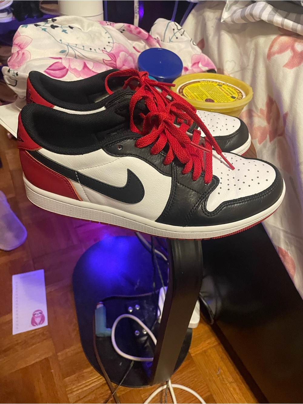 Jordan 1 Low Top Sneakers in White, Black & Red